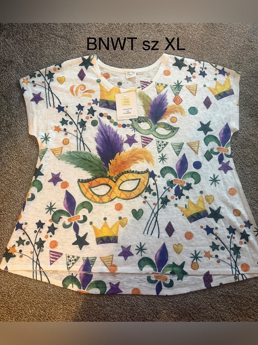 Womens Mardi Gras Mask Print Short Sleeve Top - XL